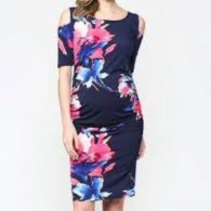 Navy Abstract Ruched Cold Shoulder Maternity Dress